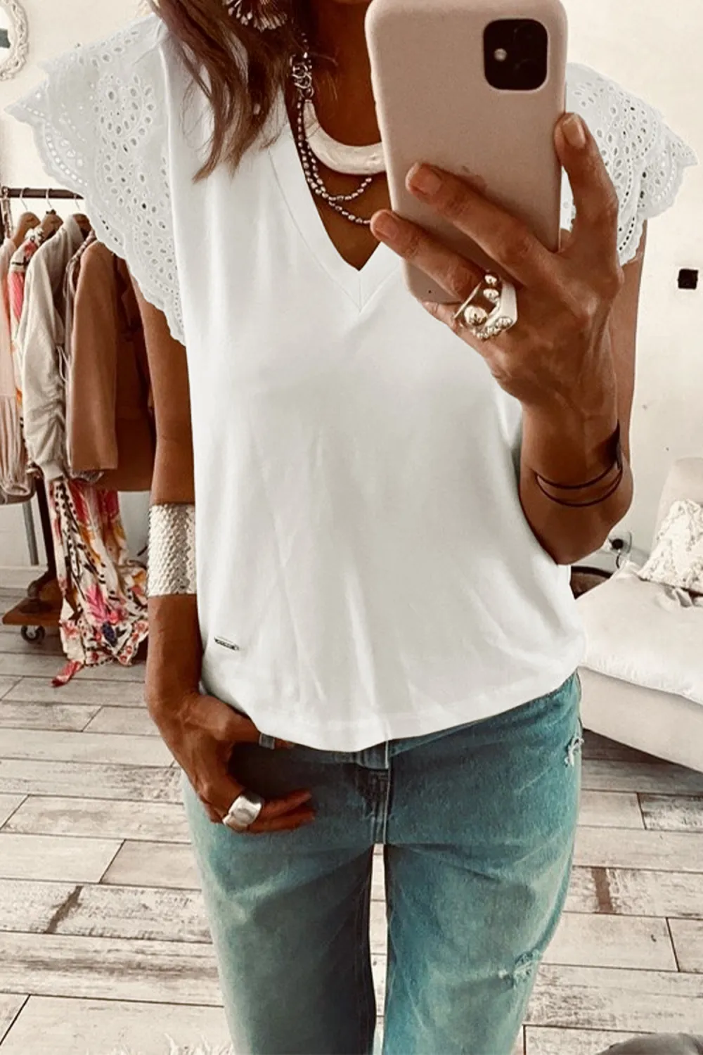 White Eyelet Embroidered Flutter Sleeve Tee