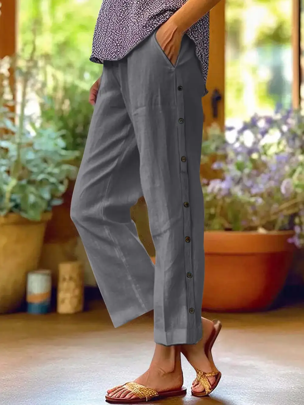 Full Size Side Decor Button Wide Leg Pants Plus Size