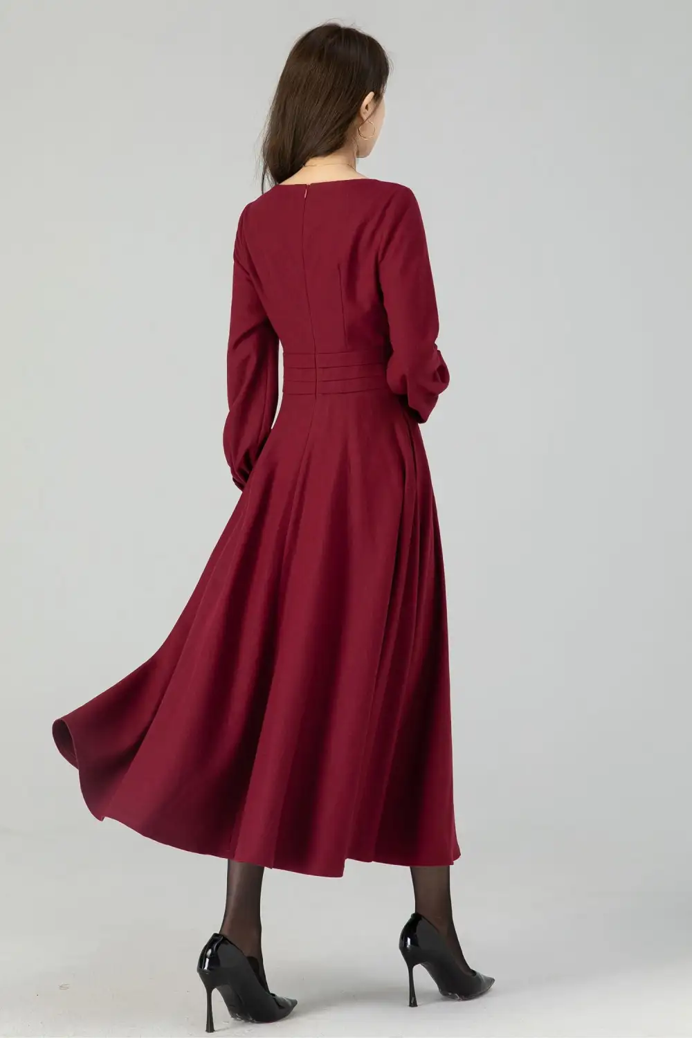 Wool Blend Swing Lantern Sleeve Midi Dress