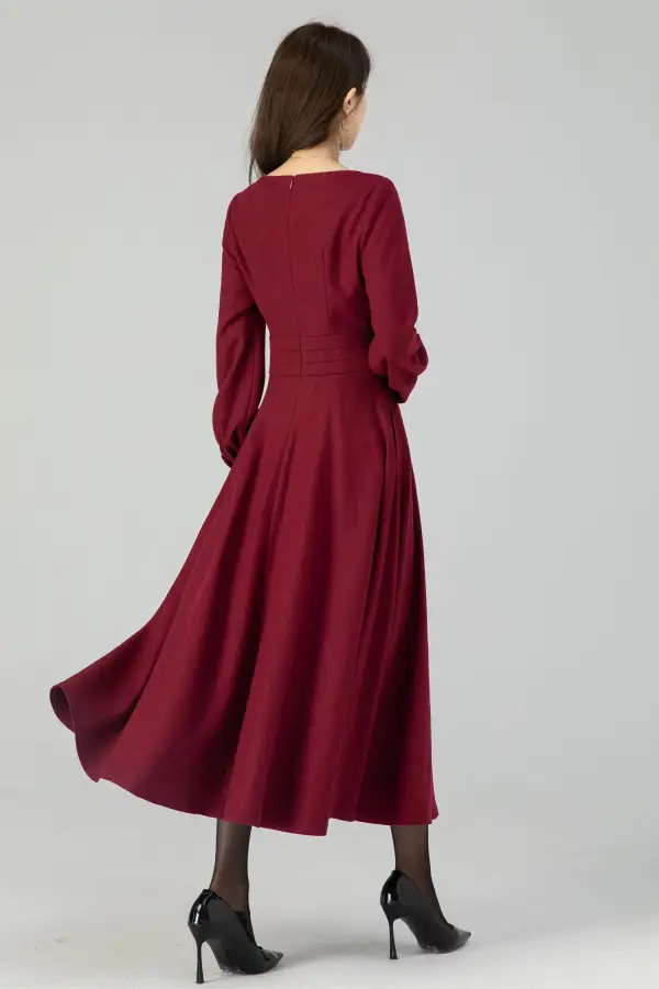 Wool Blend Swing Lantern Sleeve Midi Dress
