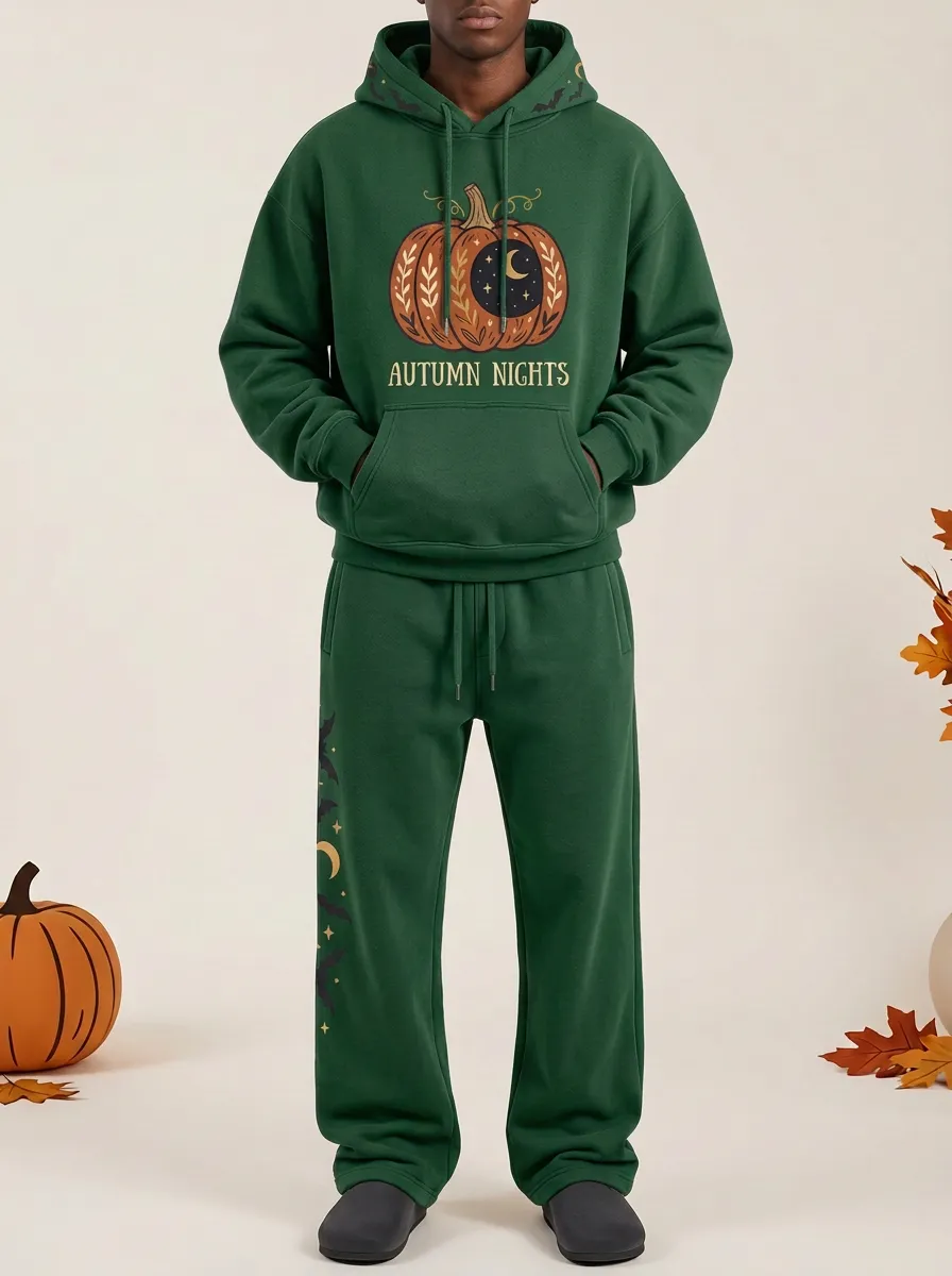 Men's Halloween Autumn Nights Pumpkin Moon Bat Printed Hoodie Pants Set