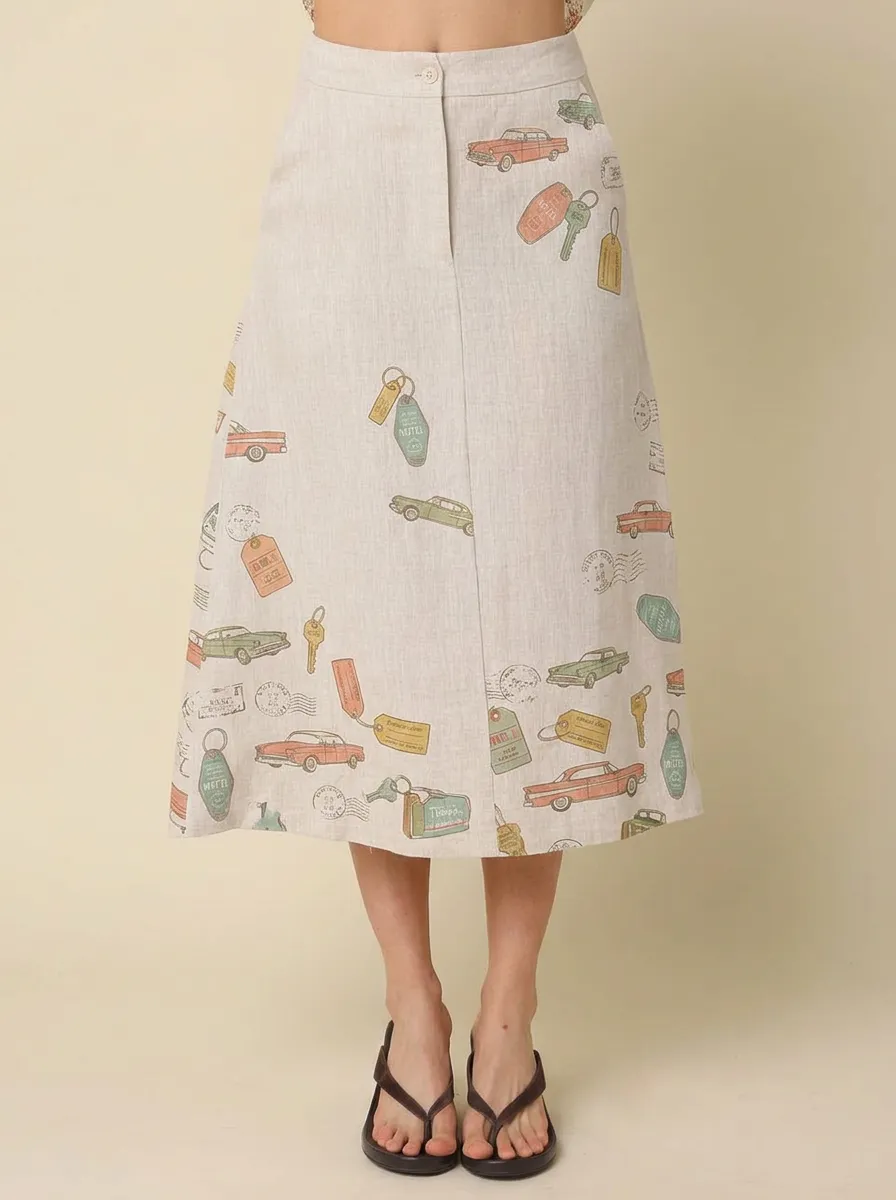 Women's Vintage Travel Lover Car and Motel Key Printed Midi Skirt