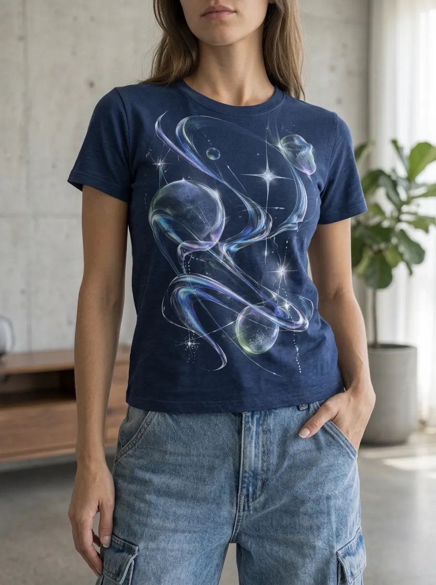 Women's Celestial Abstract Space Galaxy Bubbles Crew Neck T-Shirt