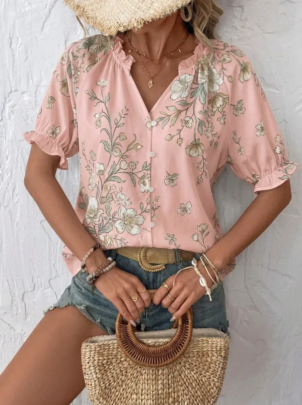 Women's Boho Floral Botanical Printed Button Down Blouse