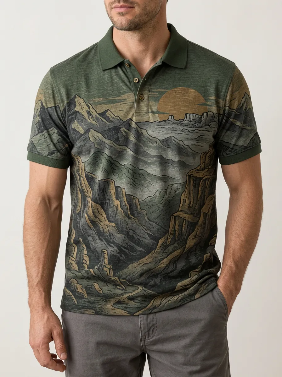 Men's Mountain Landscape Sunset Printed Polo Shirt