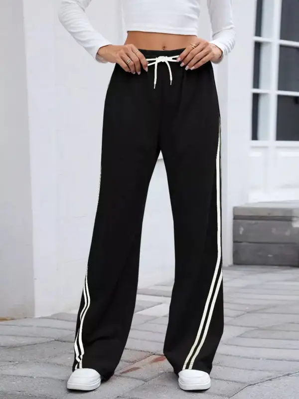 Wide Leg Striped Drawstring Everyday Pants