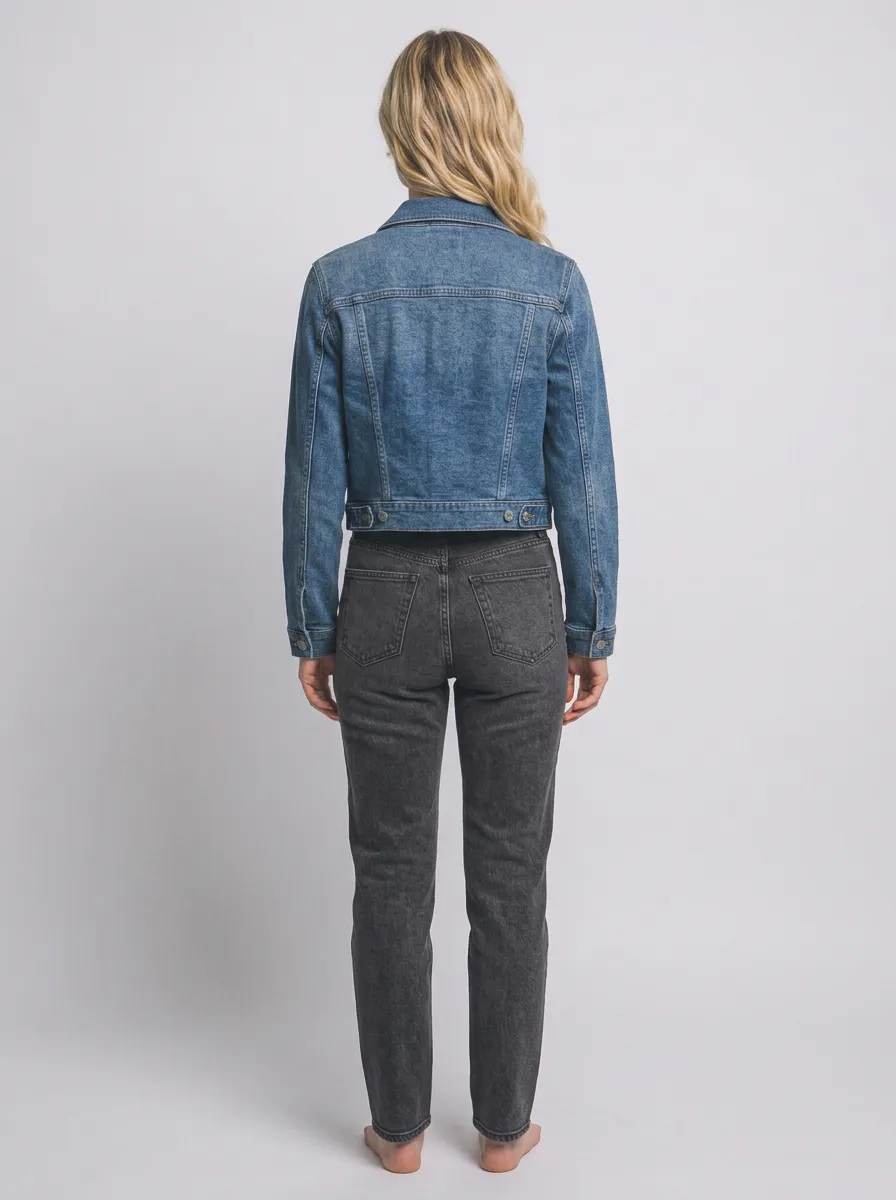 Women's Mid-Wash Blue Denim Button-Front Trucker Jacket