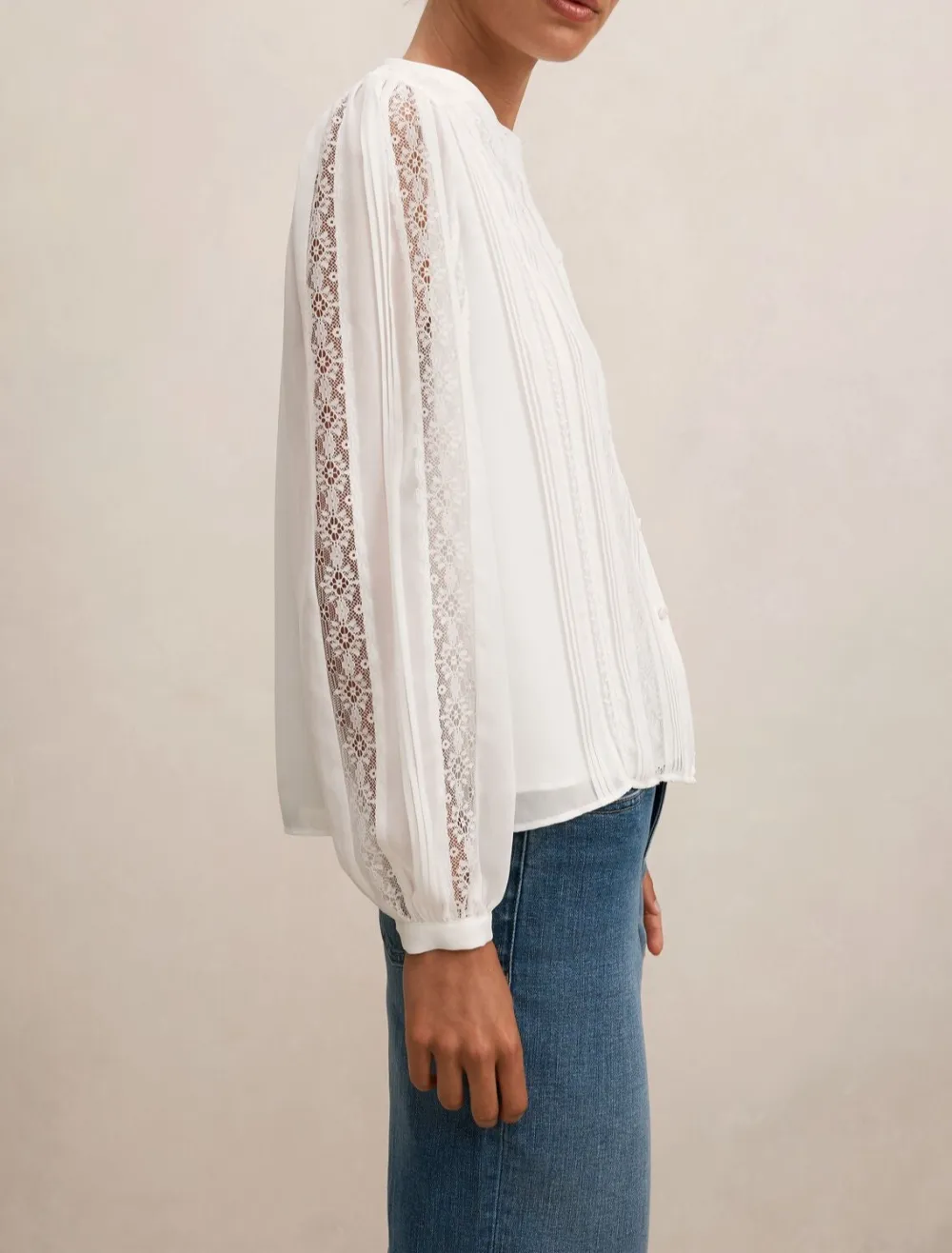 White Lace Trim Long Sleeve Button Blouse