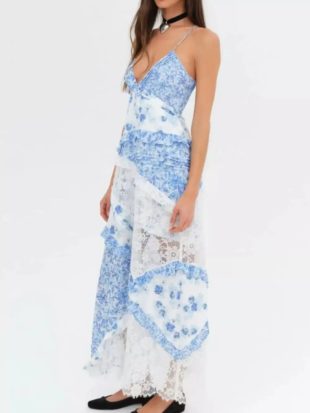 Floral Lace V Neck Maxi Dress