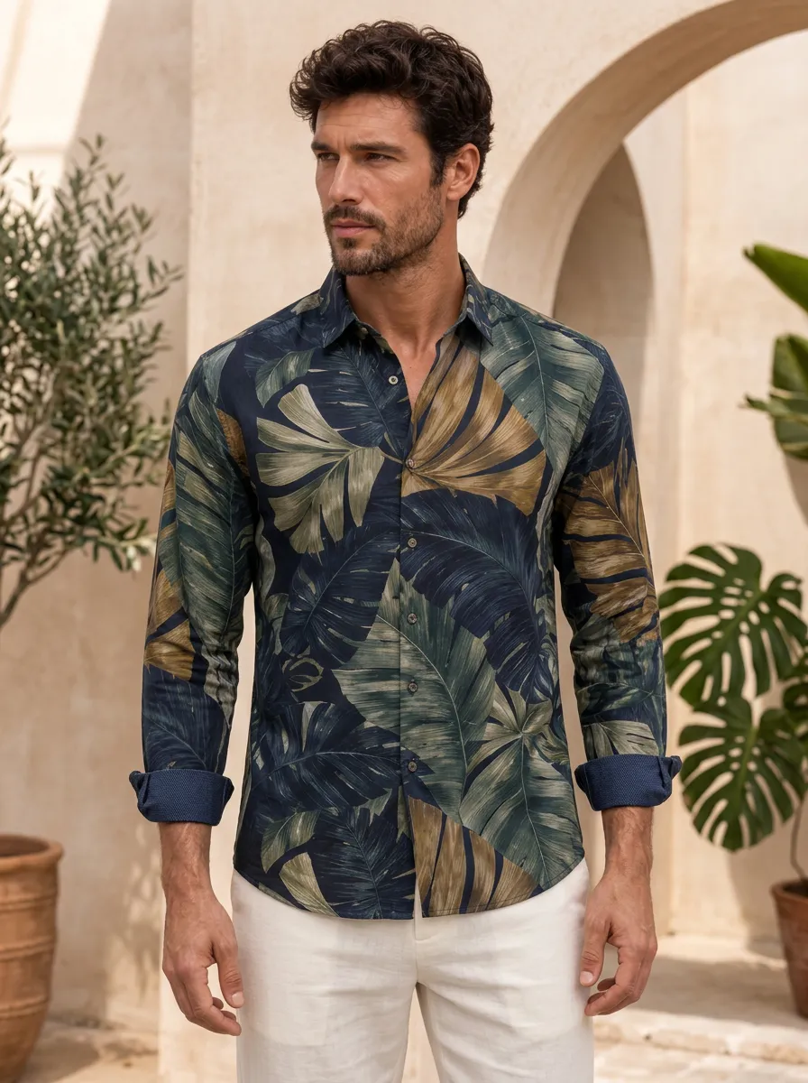 Men's Tropical Print Long-Sleeve Shirt with All-Over tropical leaf botanical print