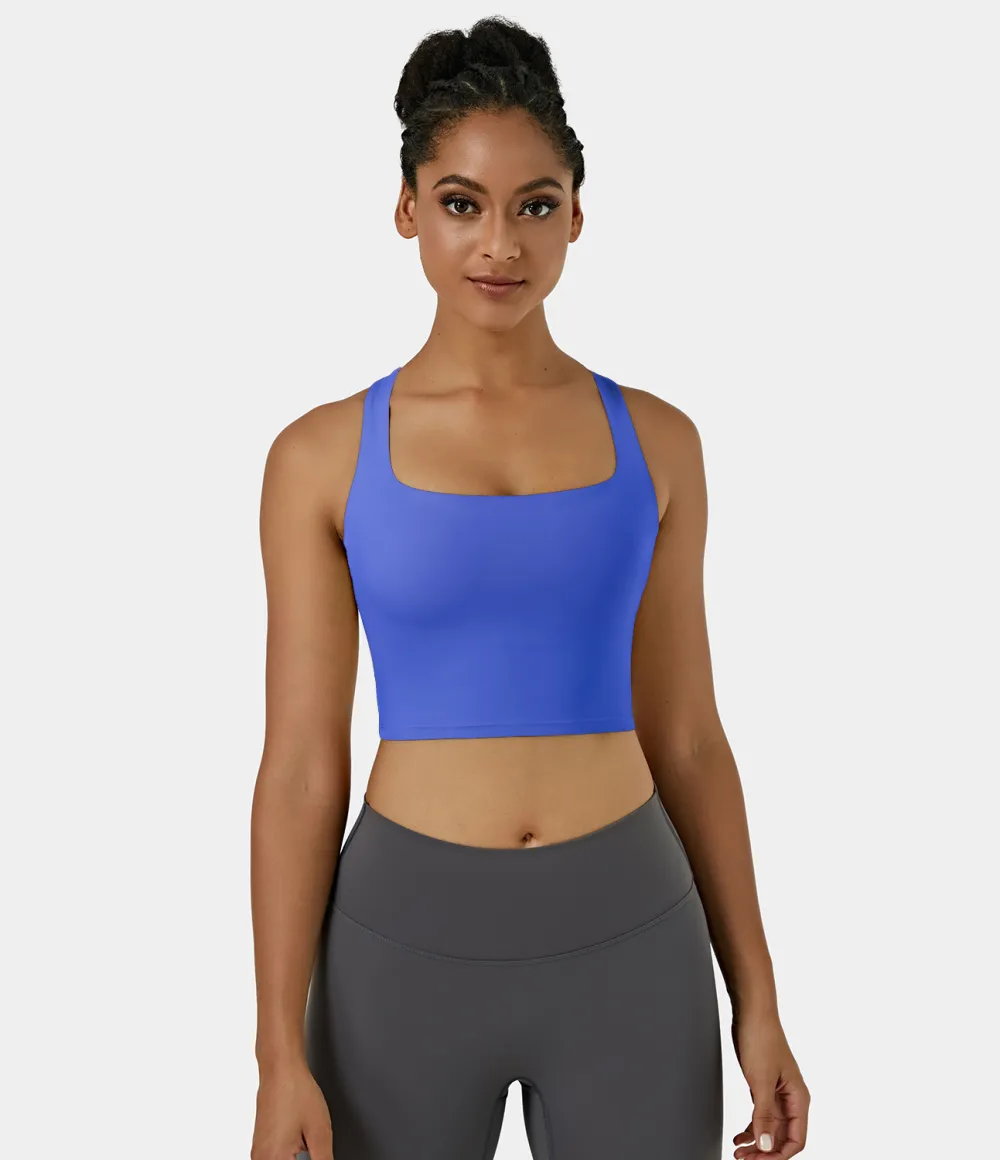 Softlyzero Airy Square Neck Backless Crisscross Cropped Cool Touch Yoga Tank Top-UPF50+