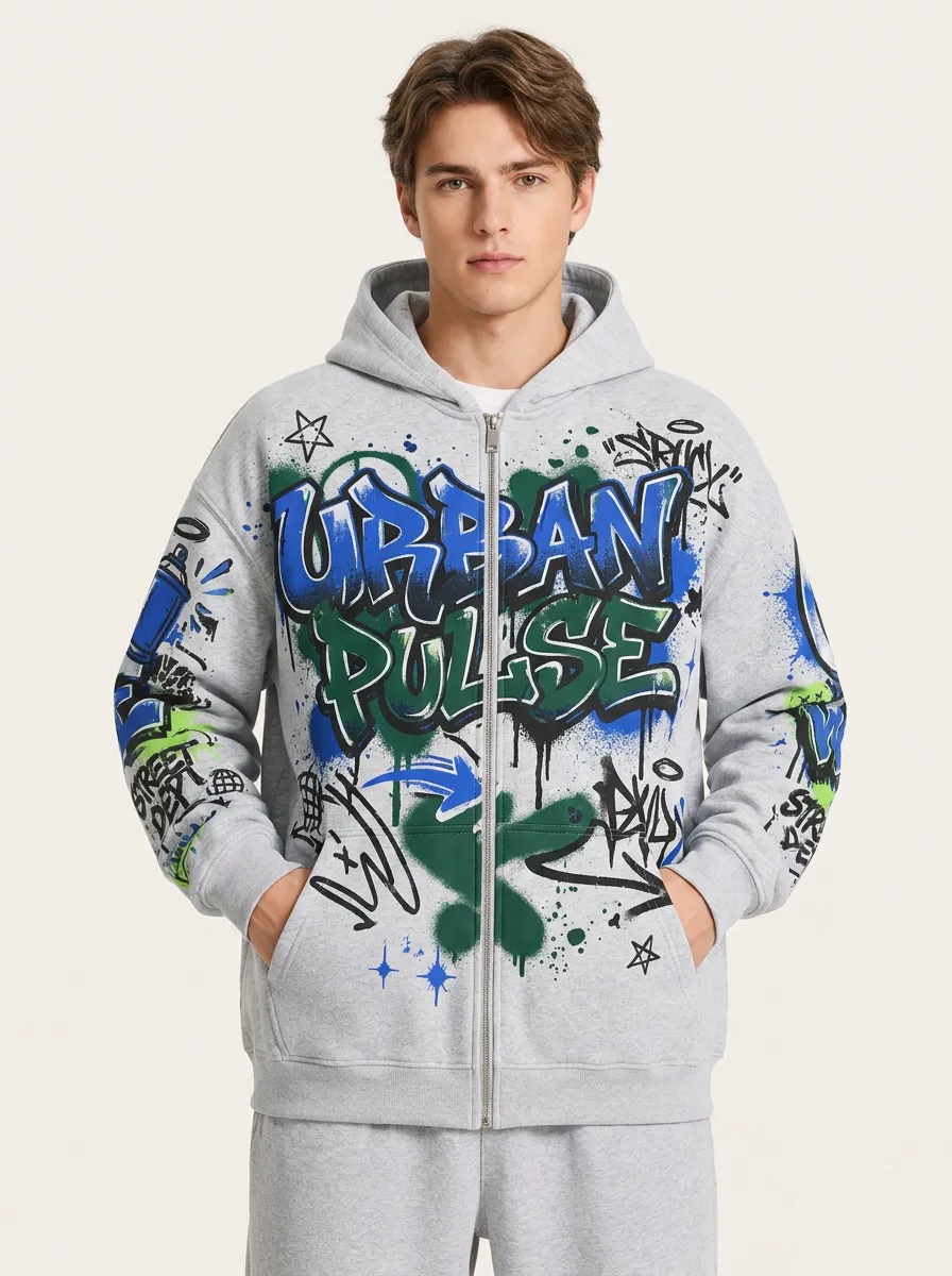 Men's Chest Graphic Graffiti Print Zip-Up Hoodie