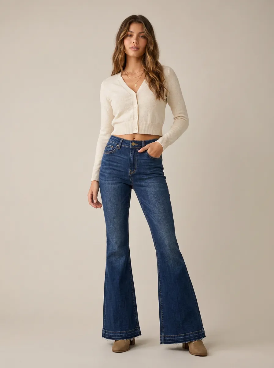 Women's Vintage Style High Waisted Dark Wash Flare Jeans