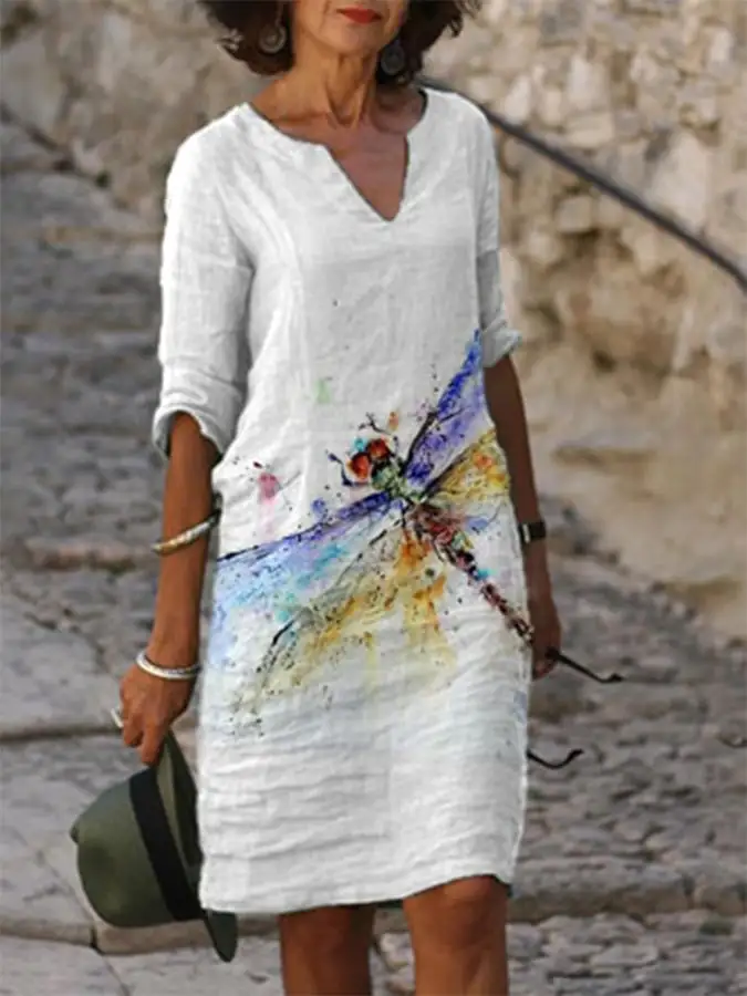 Women's Dragonfly Watercolor Flower Printed Casual Dress