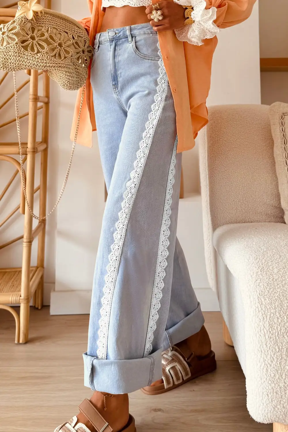 Women's Lace Trim Casual Full Length Regular Fit Jeans