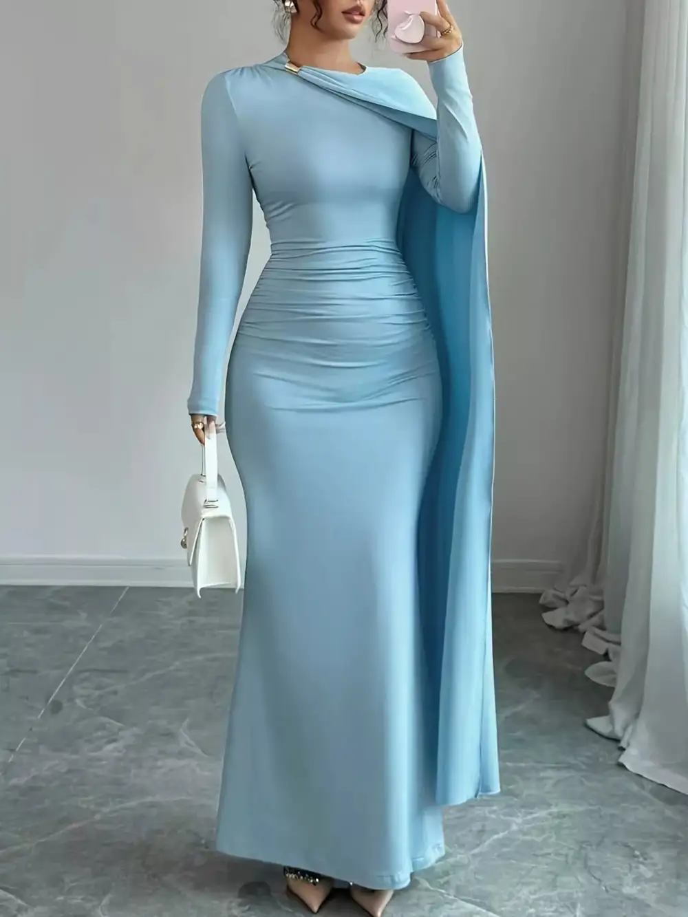 Structured Shape Ruched Long Sleeve Maxi Dress