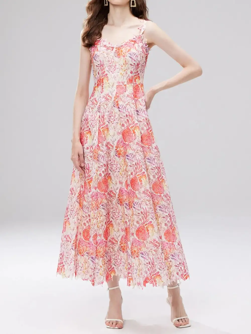 Floral Lace V Neck Midi Dress