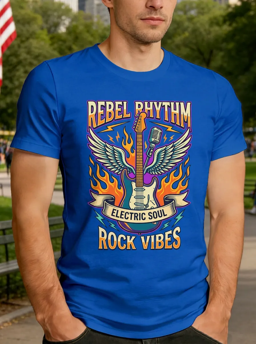 Men's Rock Music Lover Electric Guitar Wings Printed T-shirt