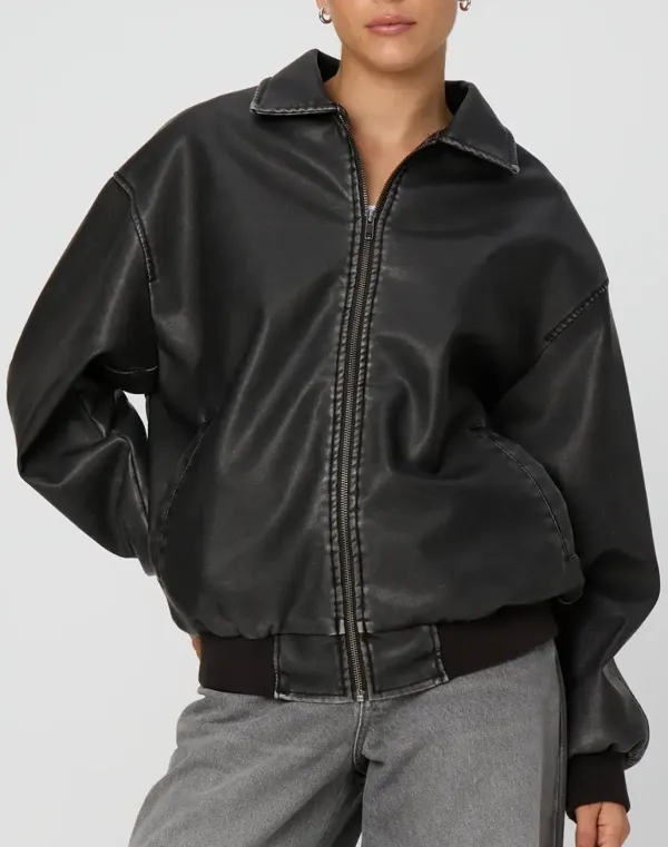 Black Faux Leather Bomber Jacket
