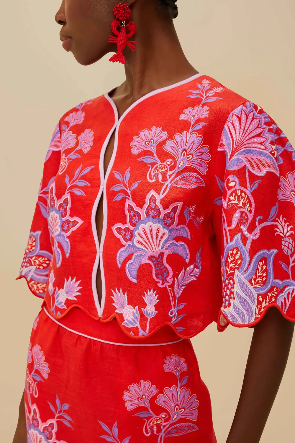 Linen Floral Beaded Short-Sleeve Blouse