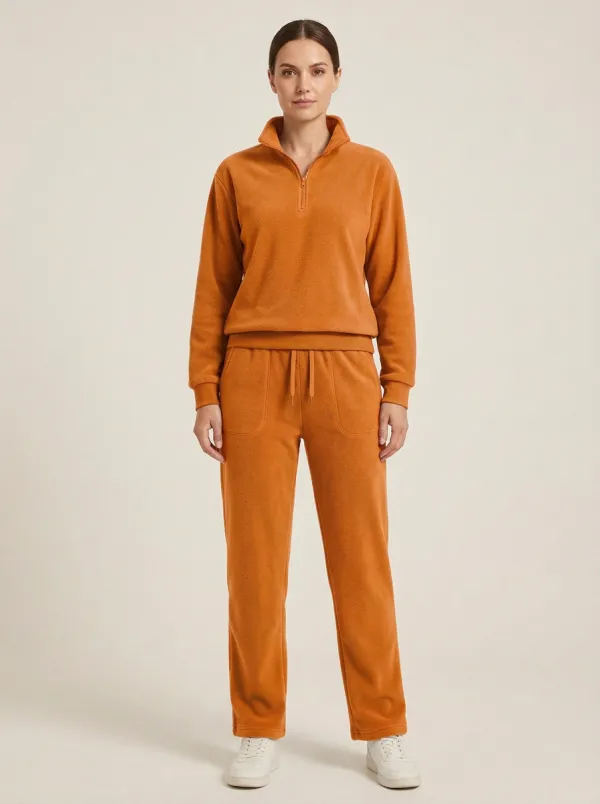 Women's Quarter-Zip Pullover And Patch-Pocket Straight-Leg Fleece Lounge Set