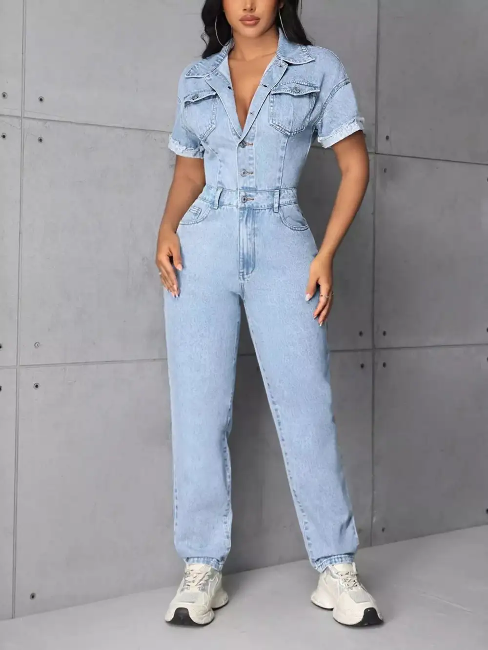 Button Front Short Sleeve Jumpsuit Denim Pants