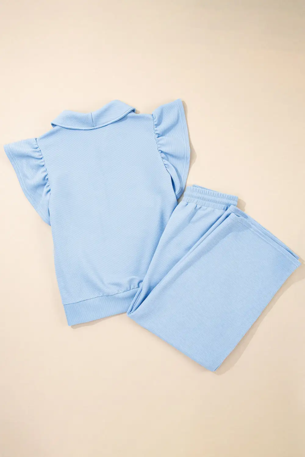 Women's Textured Ruffled Sleeve Zipped Top and Wide Leg Pants Set