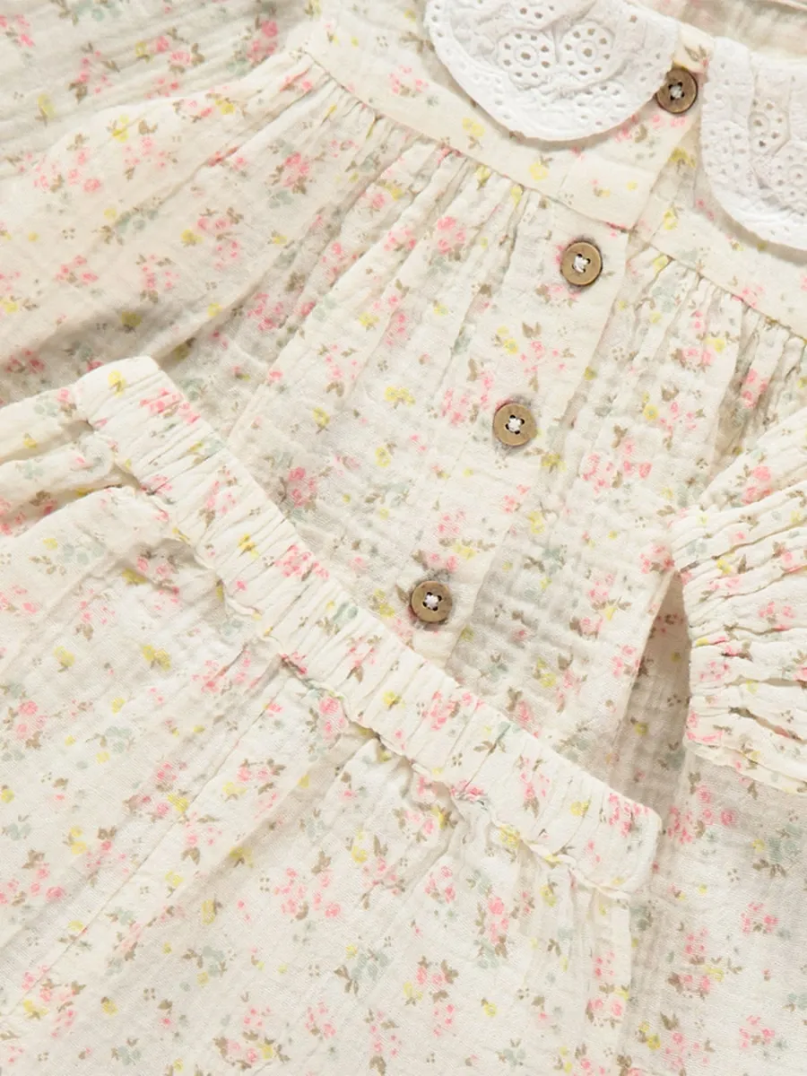 Neutral Embroidered Collar Floral Top and Trousers Outfit