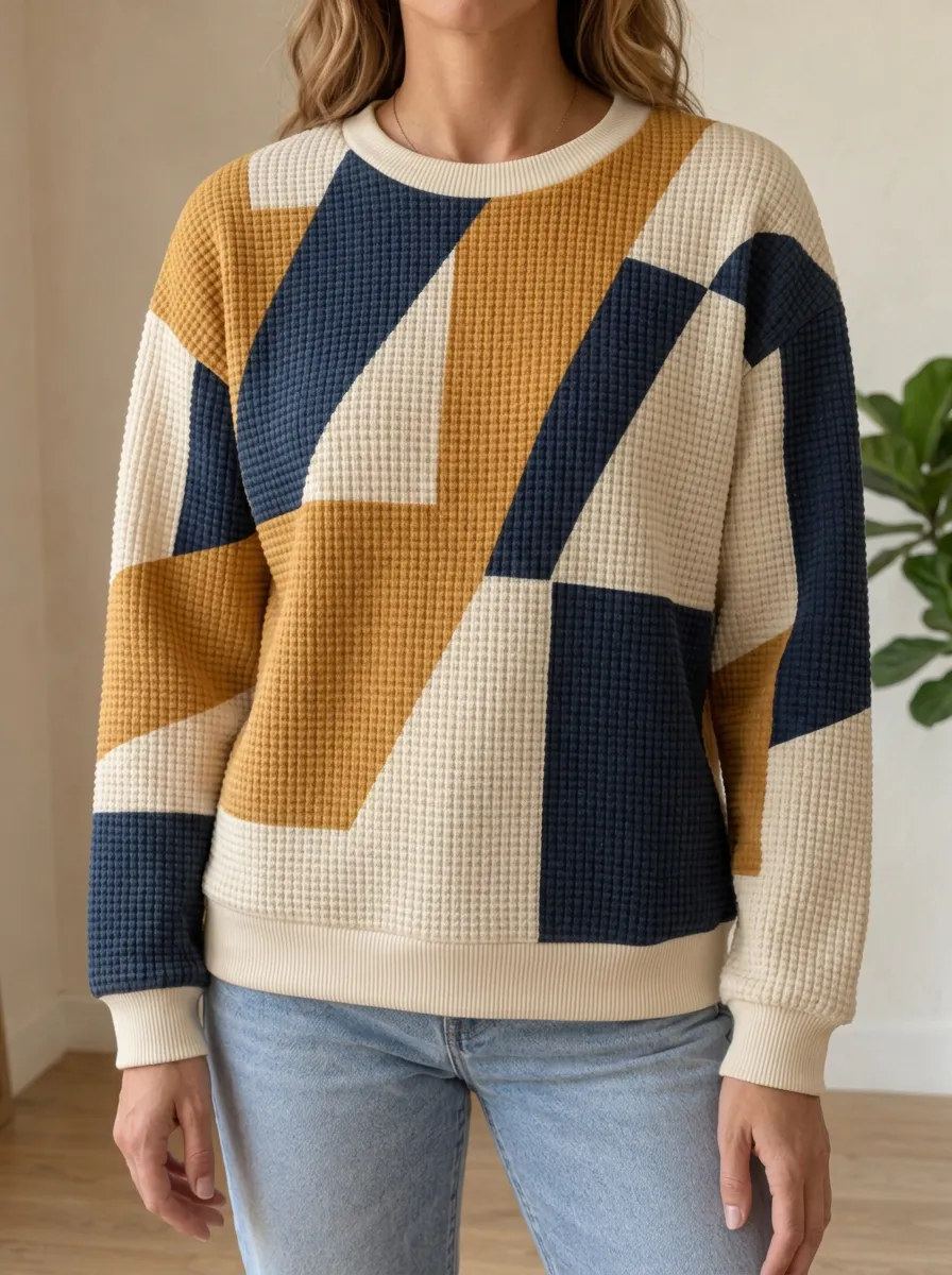 Women's Geometric Colorblock Waffle Knit Everyday Crewneck Sweatshirt