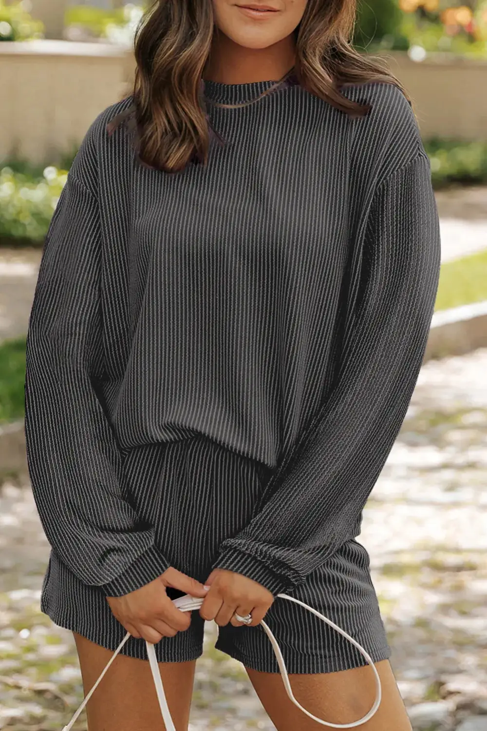 Round Neck Long Sleeve Top And Shorts Set