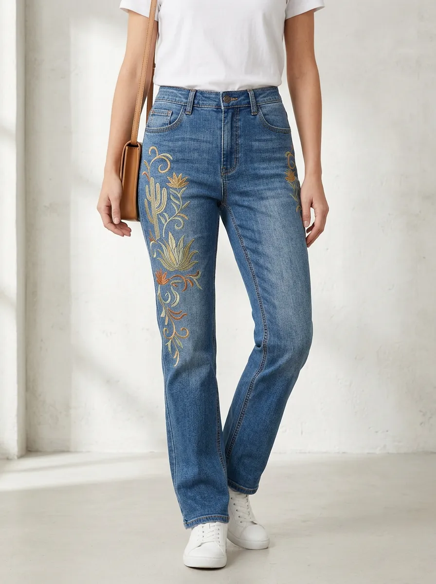 Women's Boho Style Cactus Floral Embroidered Straight Leg Jeans