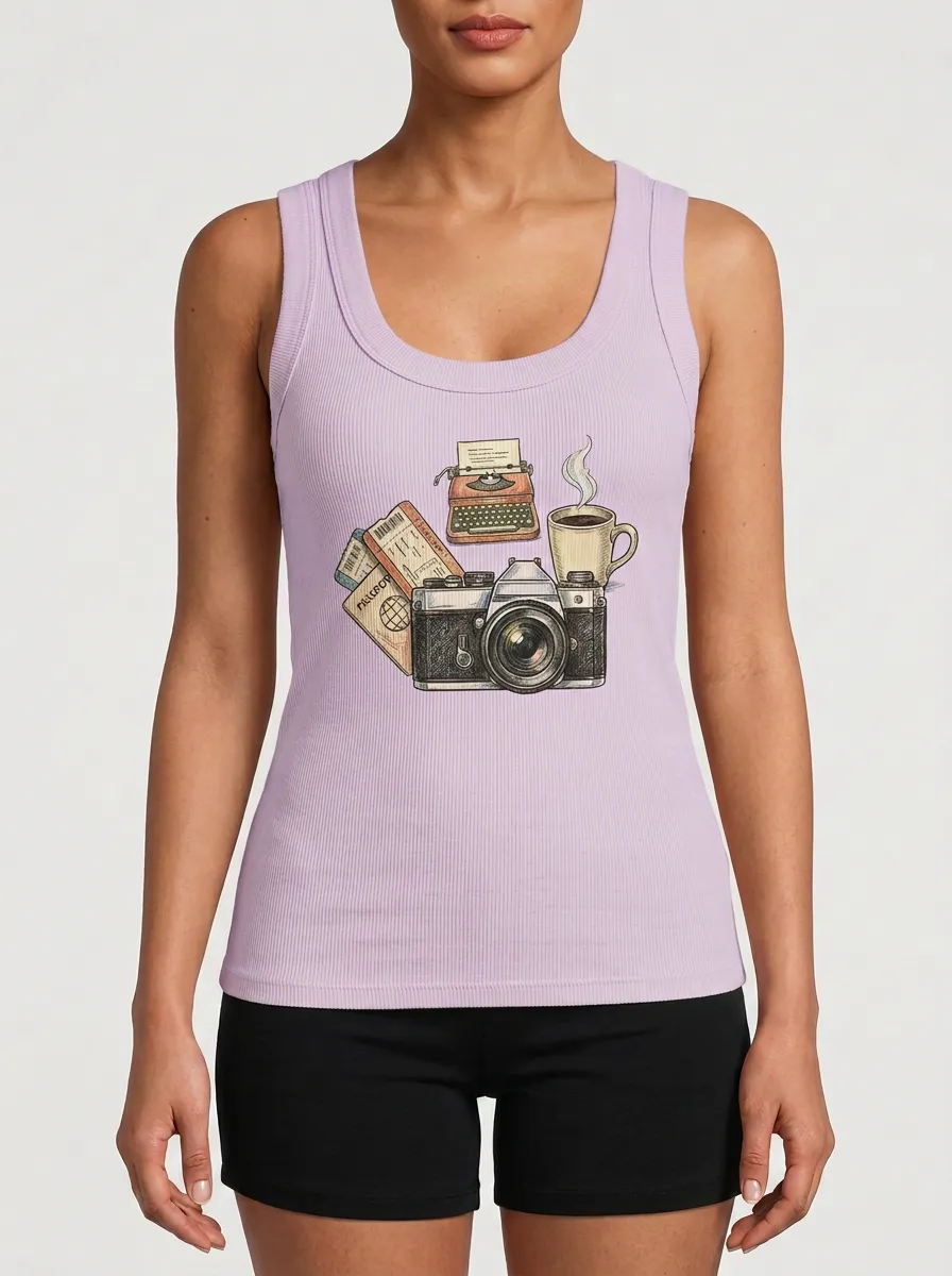 Women's Travel Hobbyist Camera Typewriter Coffee Graphic Tank Top