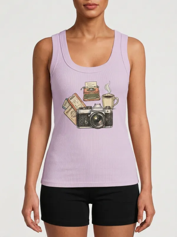Women's Travel Hobbyist Camera Typewriter Coffee Graphic Tank Top