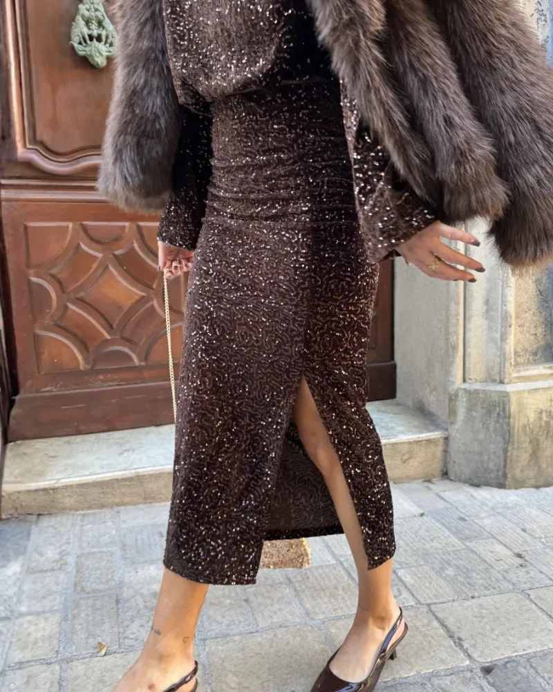 Side Slit Sequined Midi Skirt