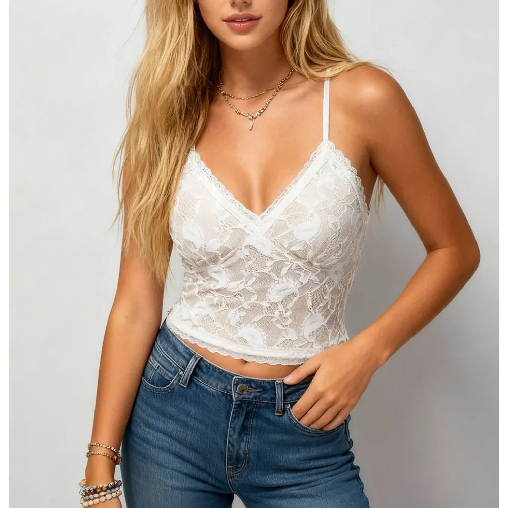Lace V Neck Corset Scalloped Trim Crop Cami Top