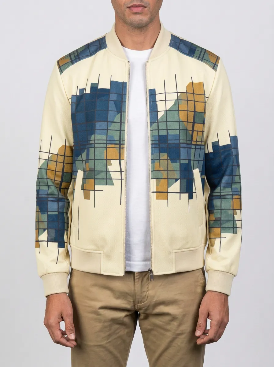 Grid Print Panel Detail Bomber Jacket