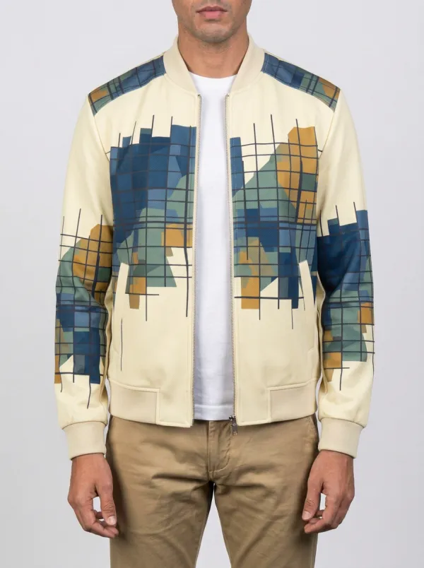 Grid Print Panel Detail Bomber Jacket