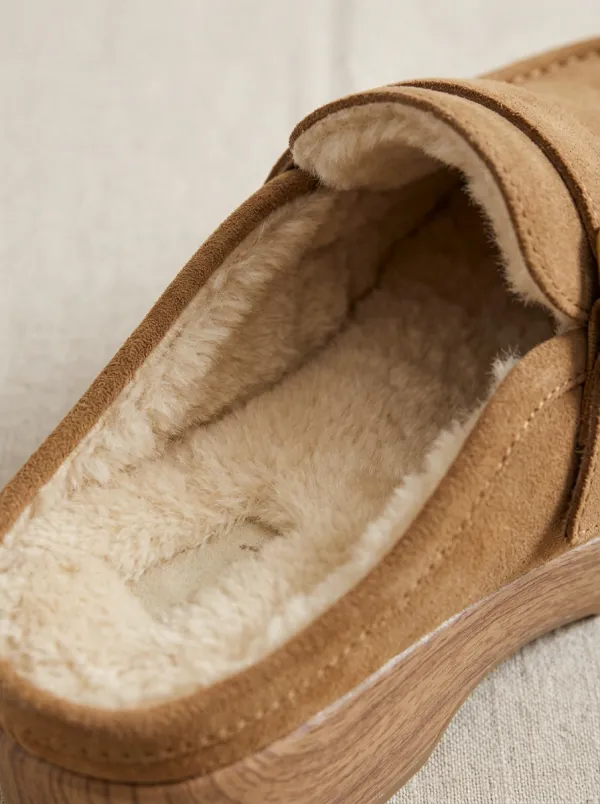 Women's Classic Faux Fur Lined Buckle Detail Platform Casual Suede Wood Sole Loafers