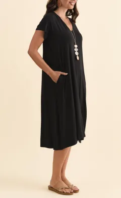 Bamboo Pocket V-Neck Short-Sleeve A-Line High-Low-Hem Below-Knee T-Shirt Dress