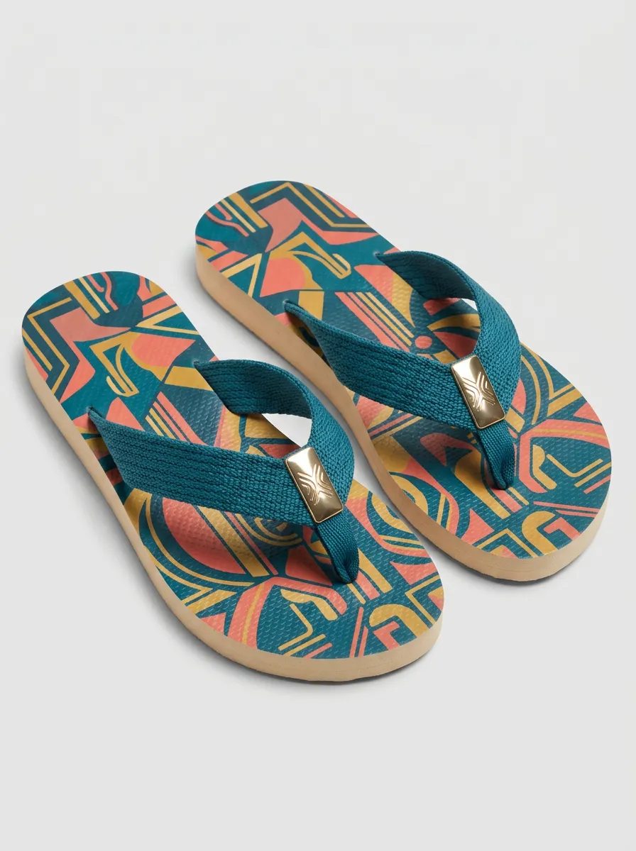 Women's Geometric Pattern Teal Pink Printed Flip Flops