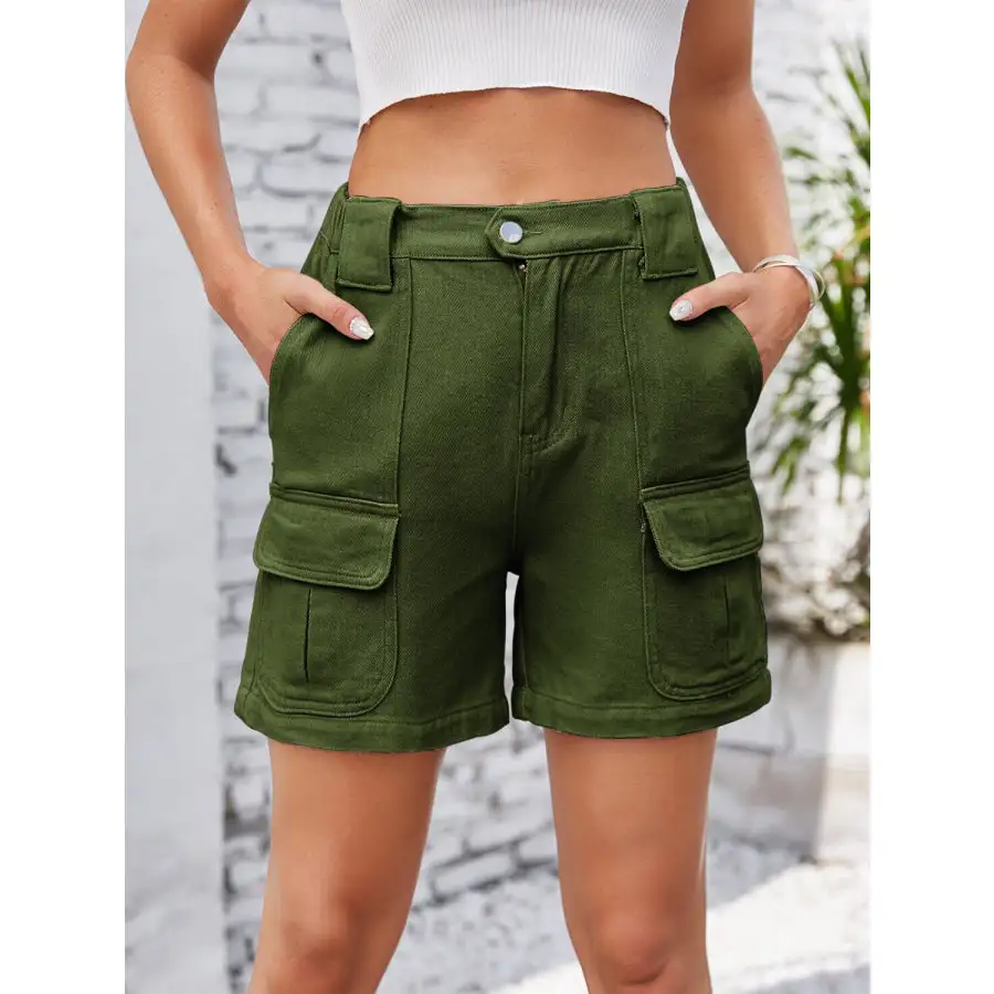 High Waist Pocketed Washed Denim Shorts
