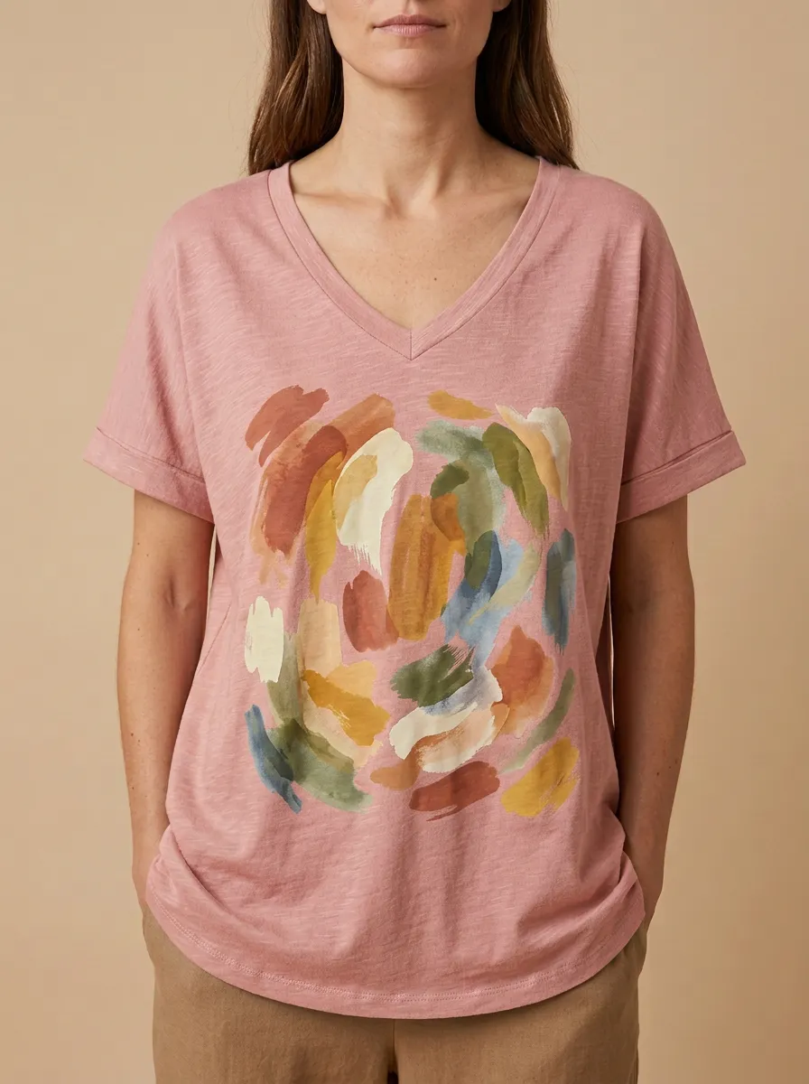 Women's Abstract Art Lover Colorful Brushstroke Printed V-neck T-shirt