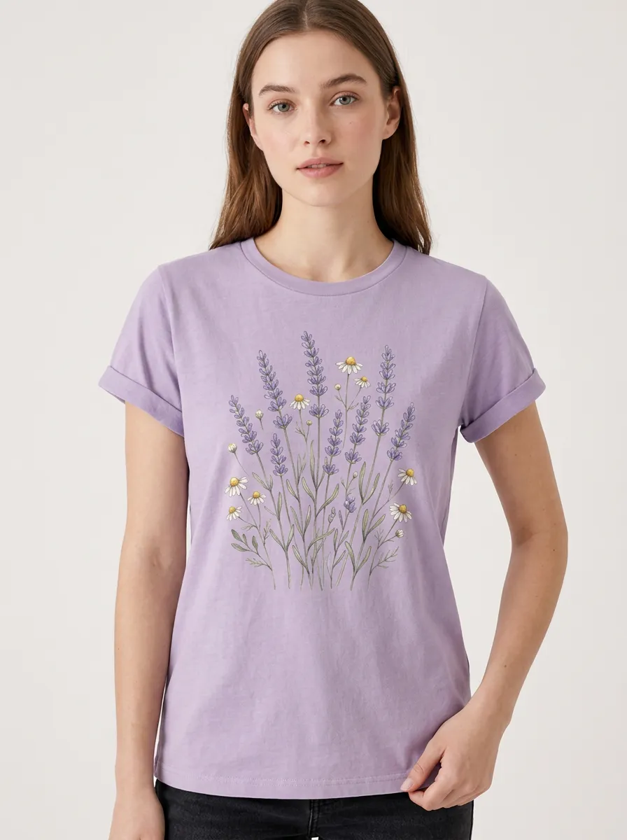 Women's Lavender and Daisy Floral Printed T-shirt