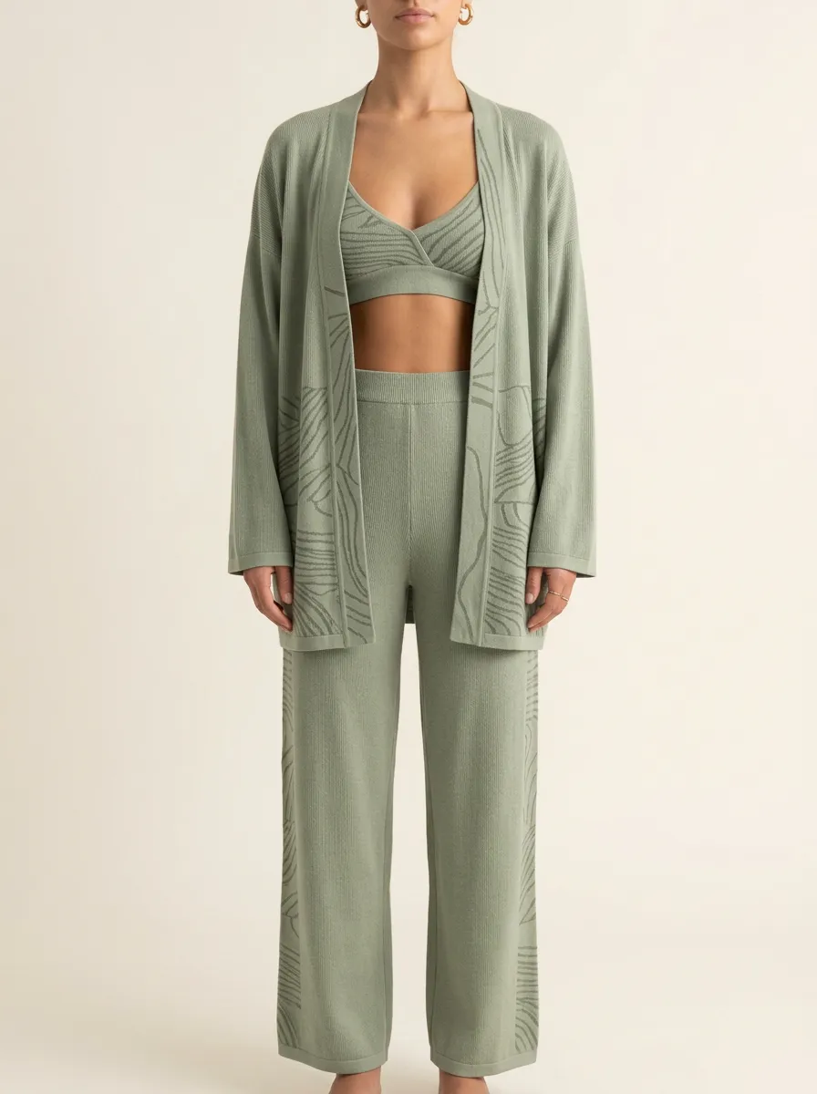 Abstract Line Wide Leg Cardigan Lounge Set