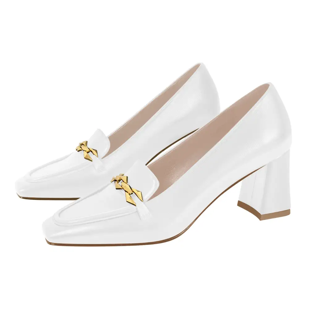 Square Toe Chunky Heel Chain Accent Pumps