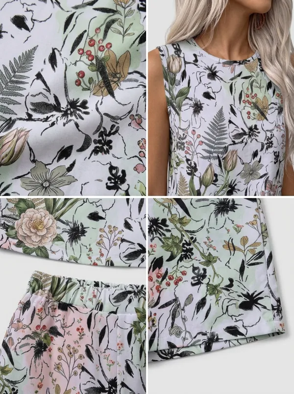 Women's Botanical Floral Garden Printed Sleeveless Shorts Set