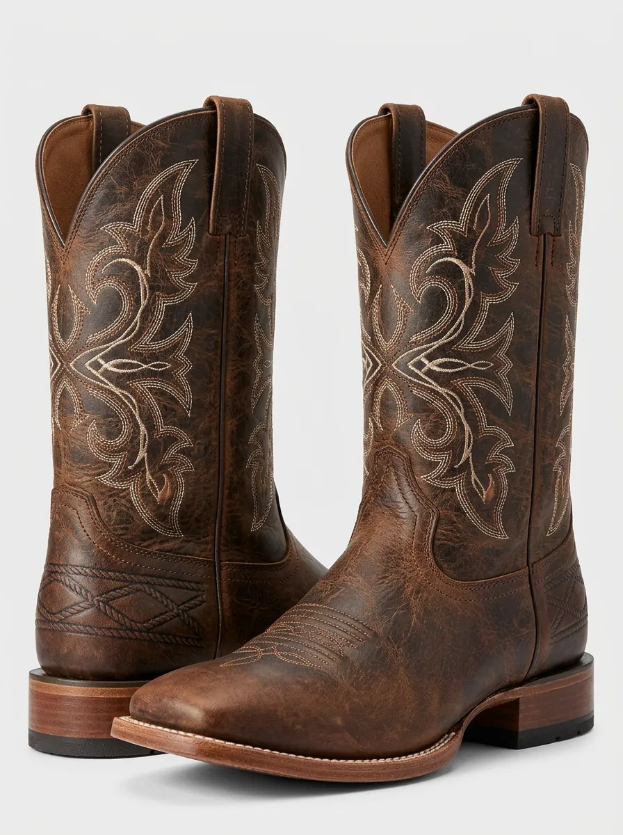 Open-Range Embroidered Leather-Look Finish Men's Western Cowboy Boots
