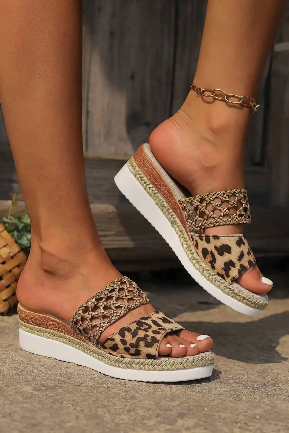 Leopard Print Braided Details Wedge Slide Slippers