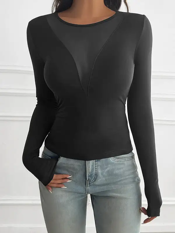 Long Sleeve Slim Fit Sheer Deep V-Neck Everyday T-Shirt