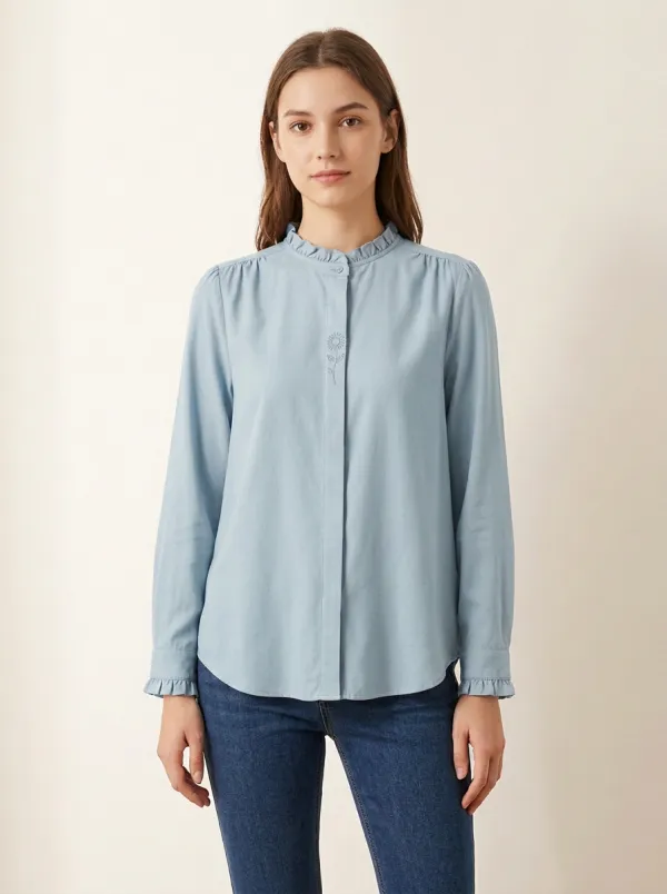 Women's Floral-Embroidered Ruffle-Collar Concealed-Placket Shirt